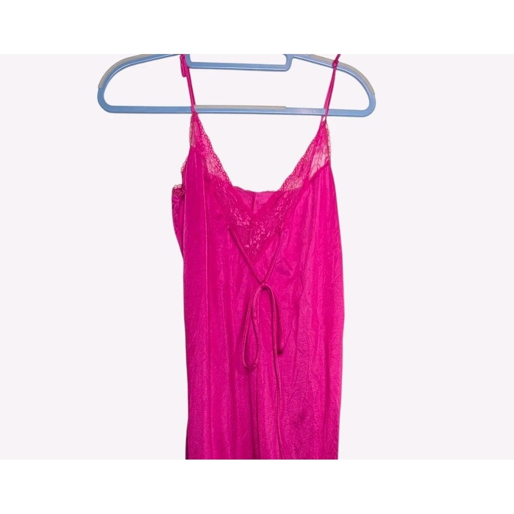 Vtg‎ 90s Hot Pink Silky Lace Nylon Nightgown Glamorous Maxi Dress Lingerie M